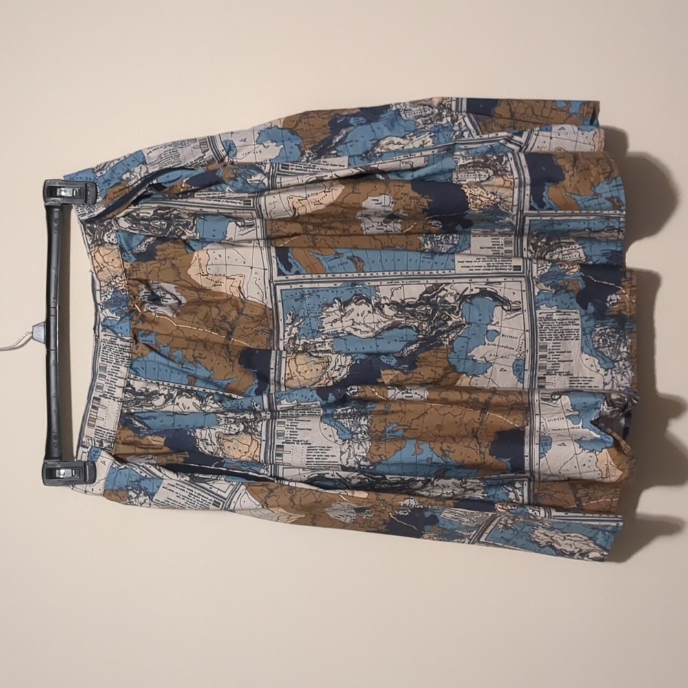 ModCloth Blue, Brown & Cream Map-Print A-Line Skirt
